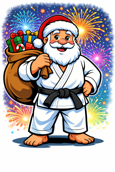 Judo Weihnachtsmann KI mit Feuerwerk